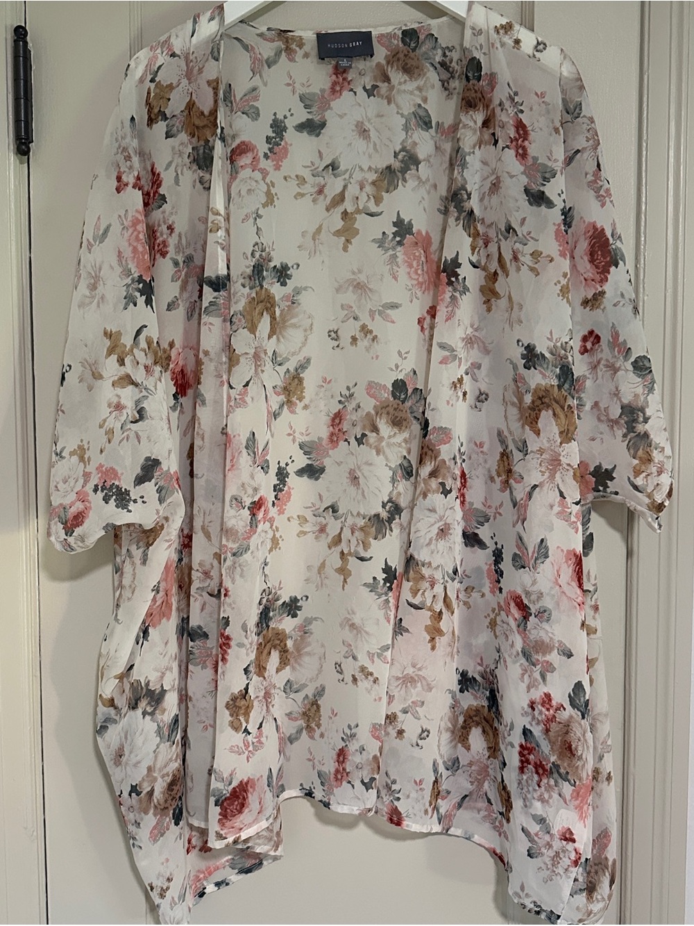 Ivory Sheer Floral Kimono with Pink and Green Accents